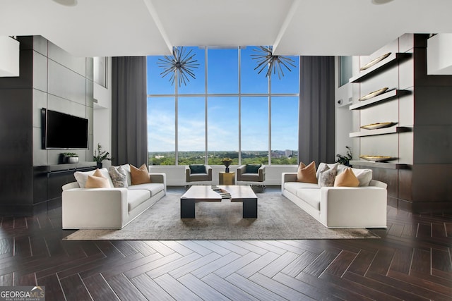 living room with dark parquet flooring