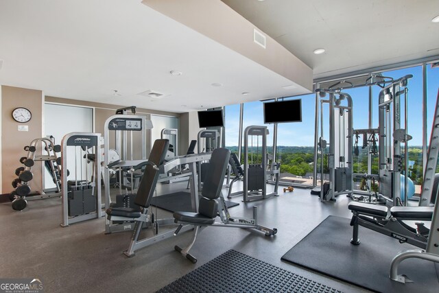 workout area with floor to ceiling windows