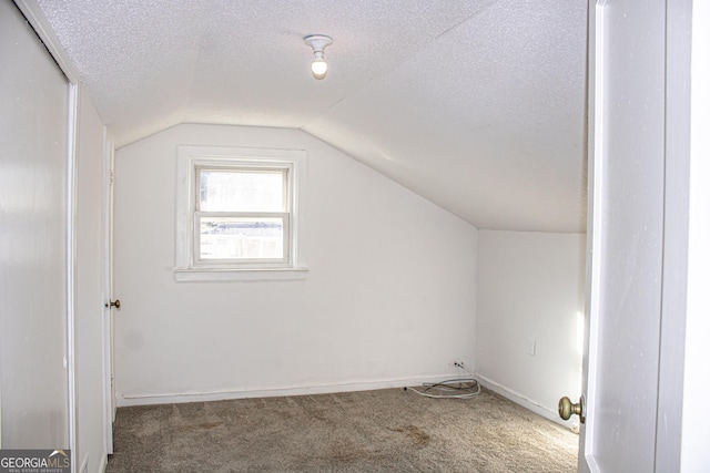 additional living space with carpet flooring, lofted ceiling, and a textured ceiling