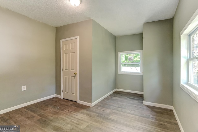 empty room with a healthy amount of sunlight, light wood-type flooring, and a textured ceiling