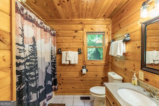 bathroom featuring wood walls, tile patterned flooring, and wood ceiling