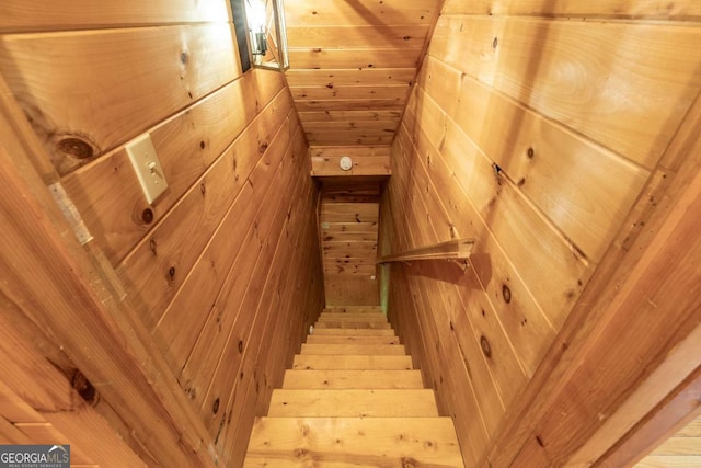 staircase featuring wooden walls