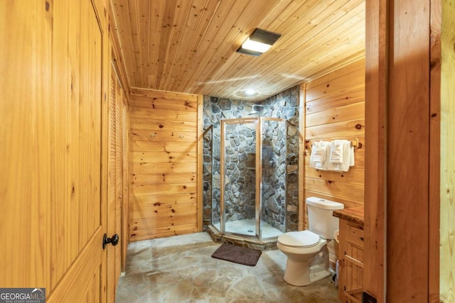 bathroom with wood walls, toilet, wood ceiling, and walk in shower