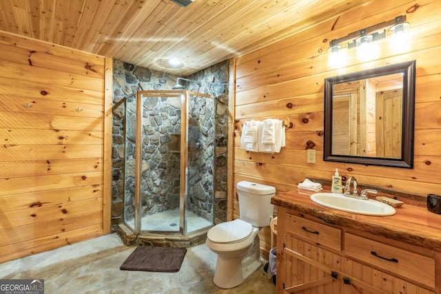 bathroom featuring wooden walls, wooden ceiling, and an enclosed shower