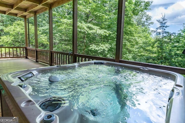 exterior space featuring a hot tub