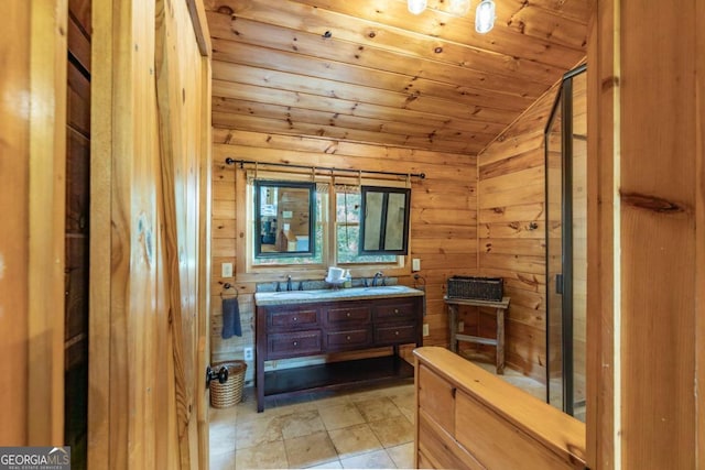 bathroom featuring vanity, tile patterned floors, lofted ceiling, and wood ceiling