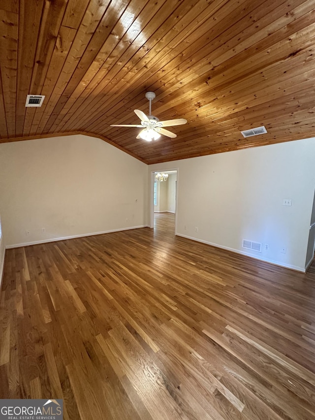 empty room featuring wood-type flooring, ceiling fan, lofted ceiling, and wood ceiling