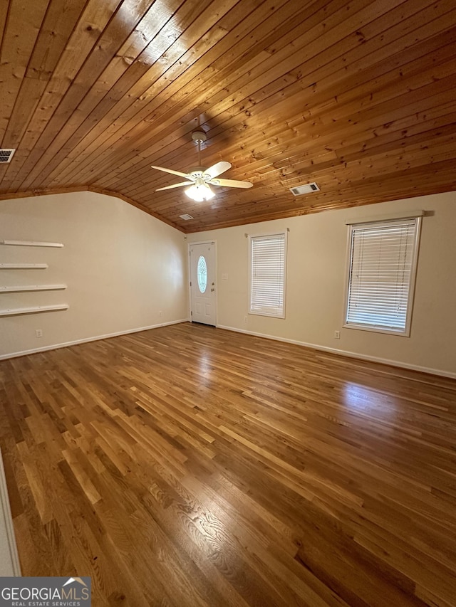 bonus room featuring hardwood / wood-style floors, vaulted ceiling, ceiling fan, and wooden ceiling