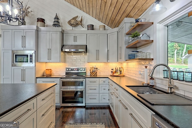 kitchen with appliances with stainless steel finishes, ventilation hood, white cabinetry, and wood ceiling