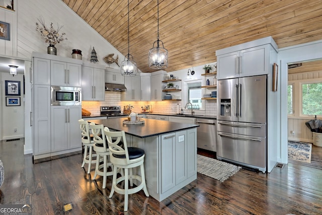 kitchen with wooden ceiling, high vaulted ceiling, decorative backsplash, a kitchen island, and stainless steel appliances