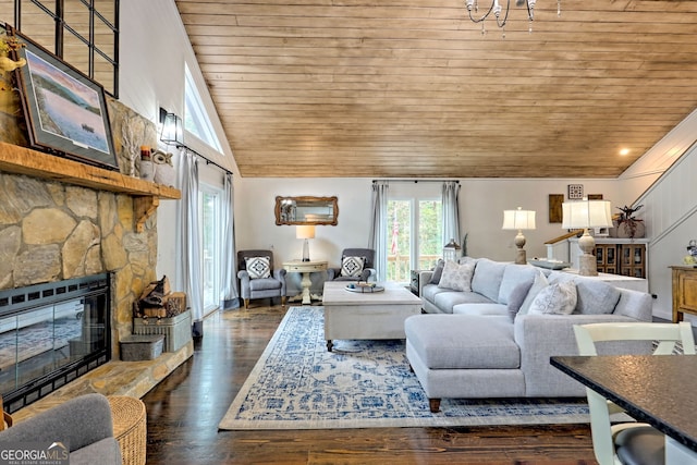 living room featuring a stone fireplace, wood ceiling, dark wood-type flooring, and vaulted ceiling