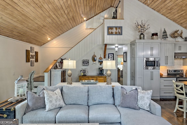 living room featuring dark hardwood / wood-style flooring, wood ceiling, and vaulted ceiling