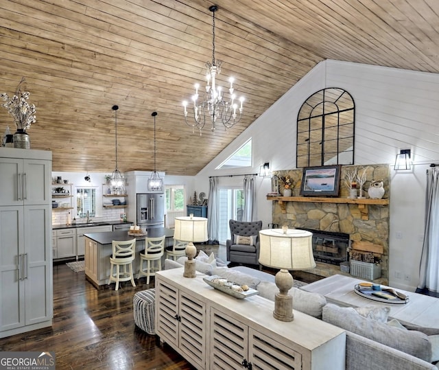 living room featuring sink, wooden ceiling, high vaulted ceiling, dark hardwood / wood-style floors, and a fireplace