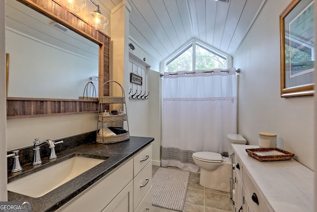 bathroom with vanity, lofted ceiling, a shower with curtain, toilet, and wood ceiling