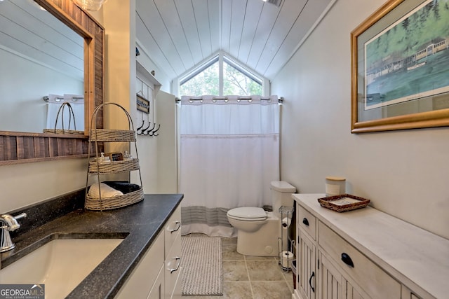 bathroom with vanity, lofted ceiling, a shower with curtain, toilet, and wood ceiling