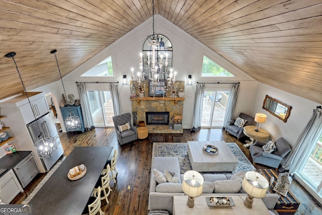 living room with dark wood-type flooring, a fireplace, high vaulted ceiling, and wood ceiling