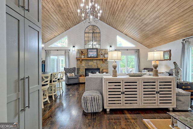 living room featuring dark hardwood / wood-style floors, a stone fireplace, lofted ceiling, and wood ceiling