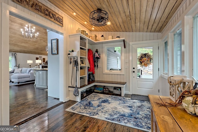 mudroom featuring dark hardwood / wood-style floors, a chandelier, wood ceiling, and vaulted ceiling