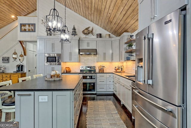 kitchen with pendant lighting, vaulted ceiling, a kitchen island, wood ceiling, and appliances with stainless steel finishes