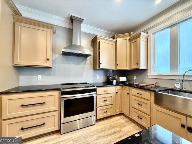 kitchen featuring sink, wall chimney exhaust hood, ornamental molding, stainless steel electric stove, and light wood-type flooring