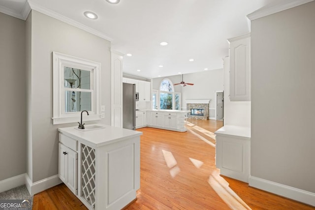 interior space with sink, ornamental molding, and light wood-type flooring