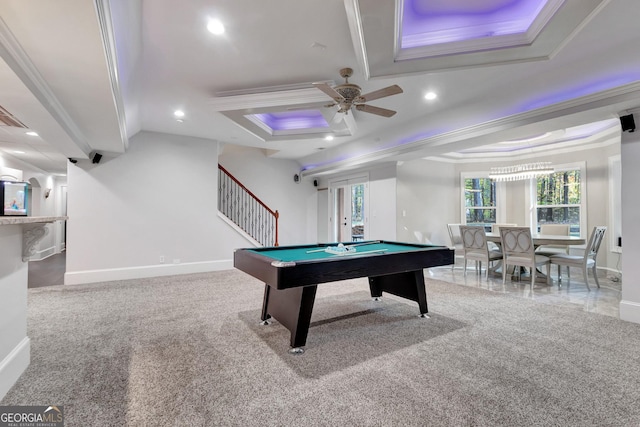 rec room with carpet floors, billiards, a tray ceiling, and ornamental molding