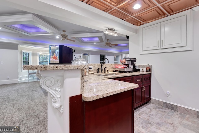 kitchen with light colored carpet, kitchen peninsula, sink, and crown molding