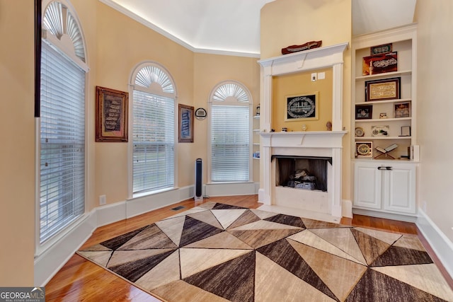 interior space featuring light wood-type flooring, a wealth of natural light, and ornamental molding