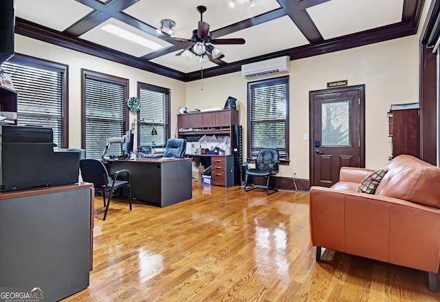 office area with an AC wall unit, light hardwood / wood-style floors, ceiling fan, beam ceiling, and coffered ceiling