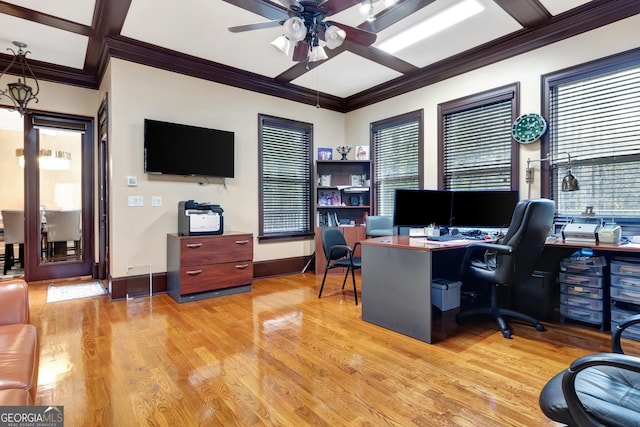 office space featuring ceiling fan, light hardwood / wood-style floors, and beamed ceiling