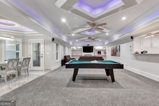 playroom with ceiling fan, crown molding, coffered ceiling, built in features, and pool table