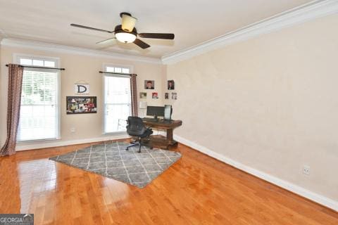 office space featuring ceiling fan, hardwood / wood-style floors, and ornamental molding