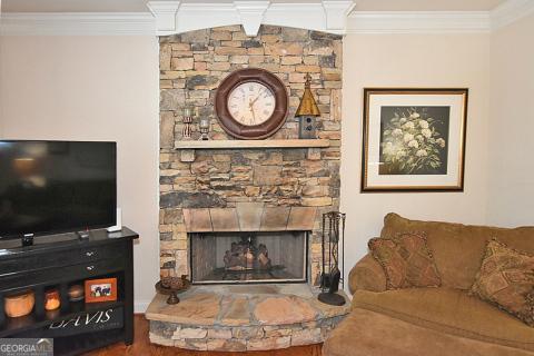 living room with crown molding and a fireplace