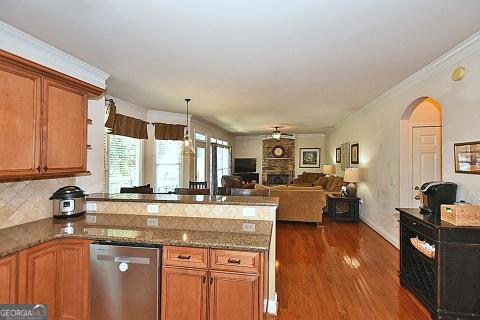 kitchen with tasteful backsplash, stainless steel dishwasher, ornamental molding, a fireplace, and dark hardwood / wood-style floors