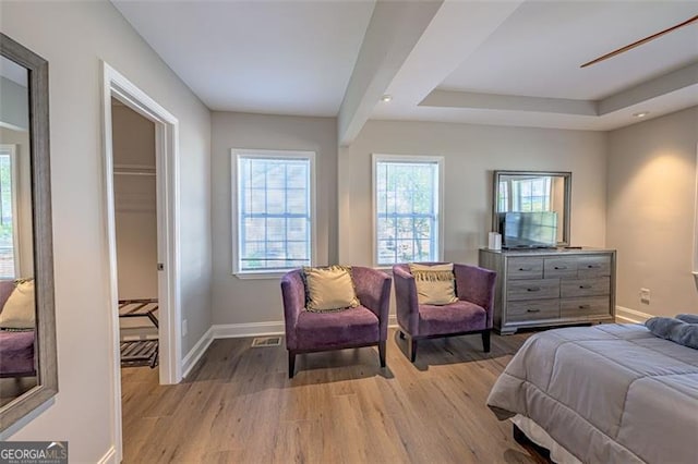 bedroom featuring light hardwood / wood-style floors and a tray ceiling