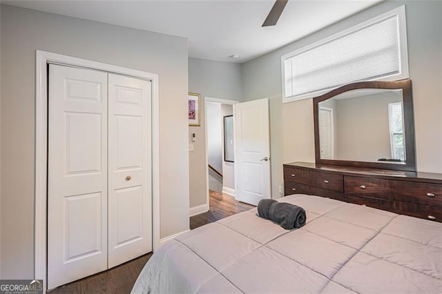 bedroom featuring ceiling fan, multiple windows, dark wood-type flooring, and a closet