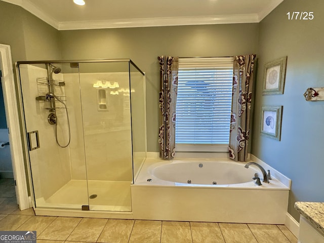 bathroom with tile patterned flooring, vanity, separate shower and tub, and crown molding