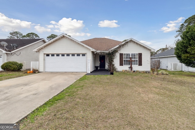 single story home with a garage and a front lawn