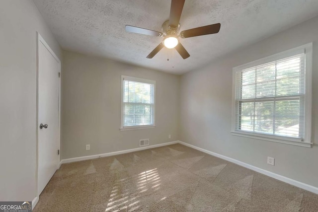 spare room with ceiling fan, plenty of natural light, carpet floors, and a textured ceiling