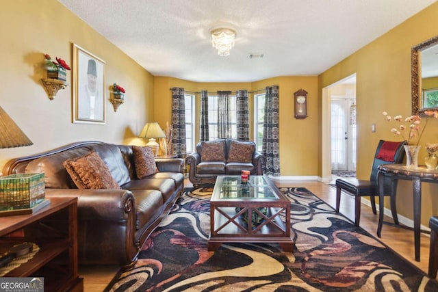 living room with a textured ceiling and light wood-type flooring