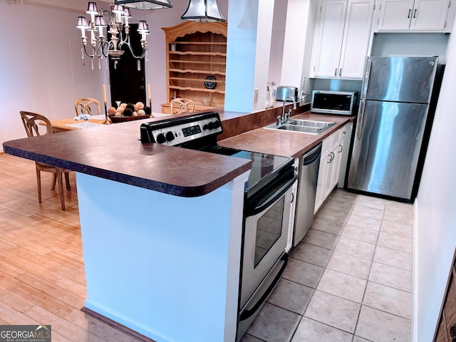 kitchen featuring kitchen peninsula, appliances with stainless steel finishes, sink, pendant lighting, and white cabinets