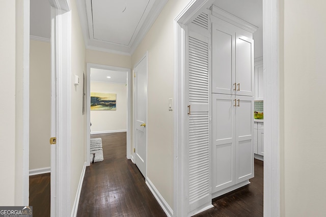 corridor with ornamental molding and dark hardwood / wood-style flooring