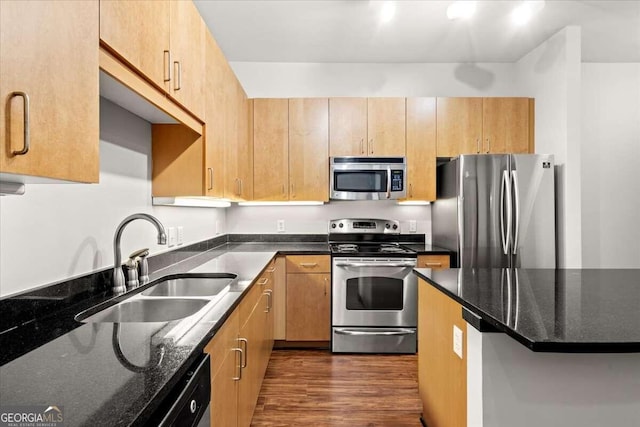 kitchen featuring dark hardwood / wood-style flooring, dark stone countertops, sink, and appliances with stainless steel finishes