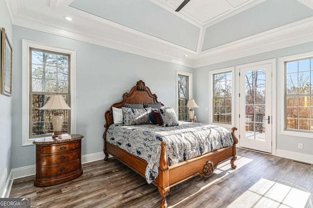 bedroom featuring access to outside, crown molding, ceiling fan, and dark wood-type flooring