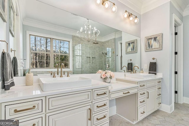 bathroom featuring a chandelier, vanity, tile patterned floors, and a shower with shower door