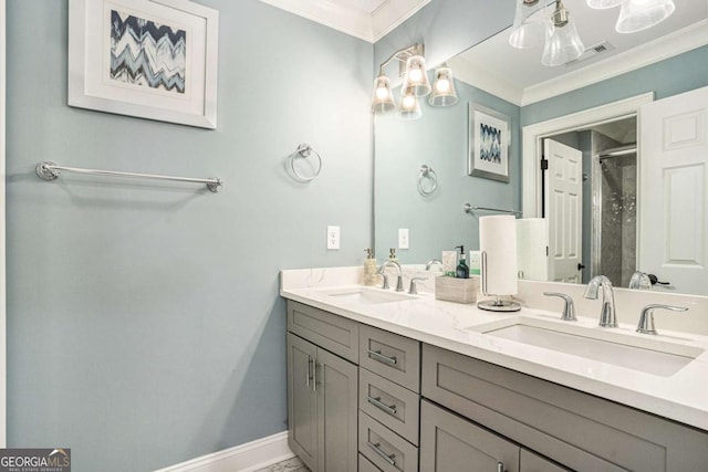 bathroom featuring crown molding, vanity, and walk in shower