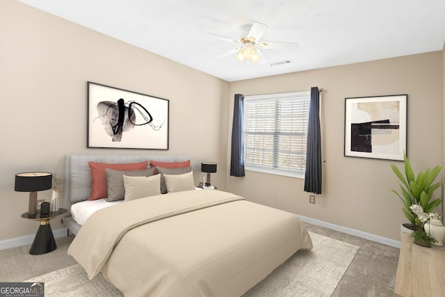 carpeted bedroom featuring ceiling fan