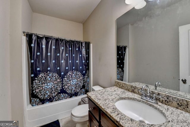 full bathroom with tile patterned floors, vanity, toilet, and shower / bathtub combination with curtain