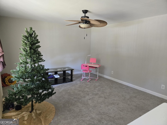 playroom featuring carpet flooring and ceiling fan