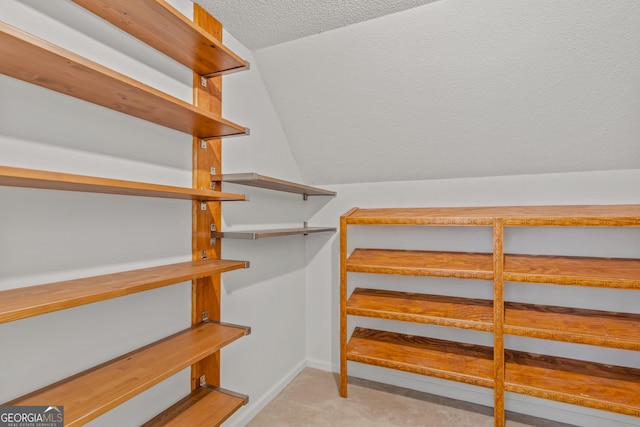 walk in closet featuring light colored carpet and vaulted ceiling